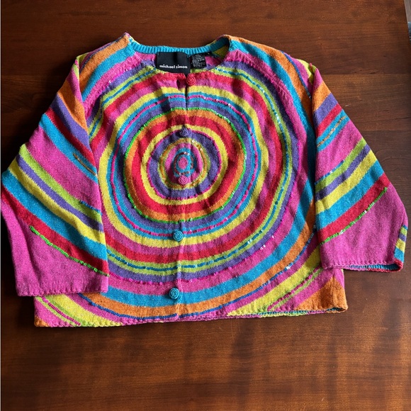 Vintage 2000 Michael Simon Multicolor Striped Cardigan, Psychedelic Rainbow, L - Picture 2 of 16
